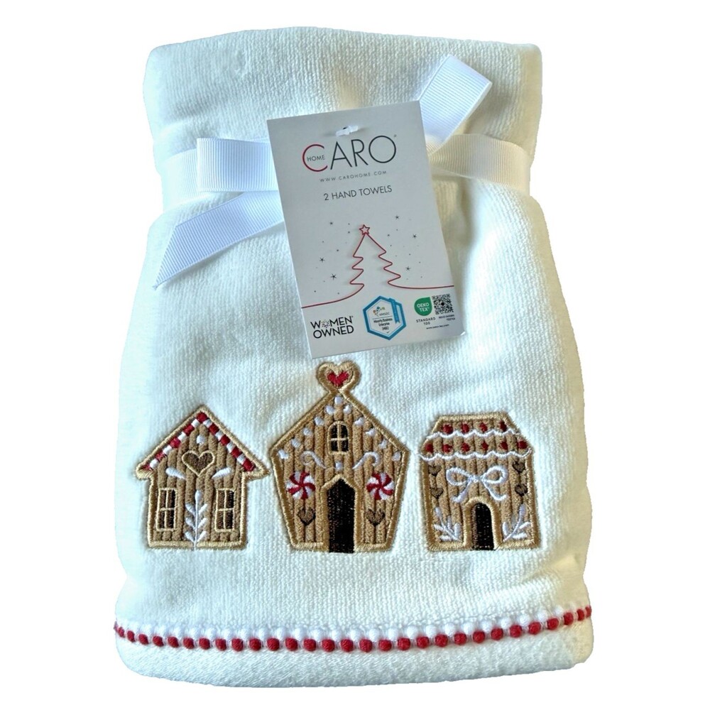 Caro Christmas Hand Towels Gingerbread Houses Holiday Set of 2 White 100% Cotton